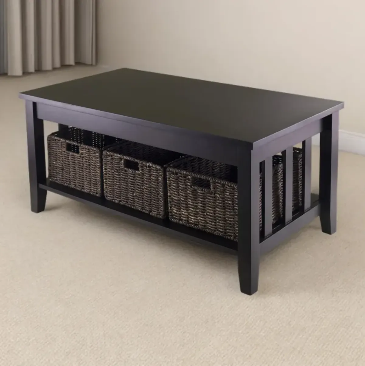 Hivvago Mission Style Dark Wood Coffee Table with 3-Folding Storage Baskets