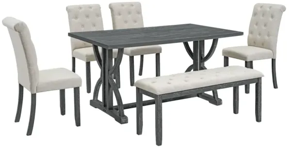 Gewnee 6-Piece Retro Rectangular Dining Table Set, Table with Unique Legs and 4 Upholstered Chairs & 1 Bench for Dining Room and Kitchen (Gray Wash)