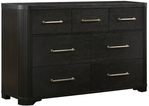 Chas 62 Inch Dresser, 7 Drawers Brass Bar Handles, Charcoal Black Wood - Benzara