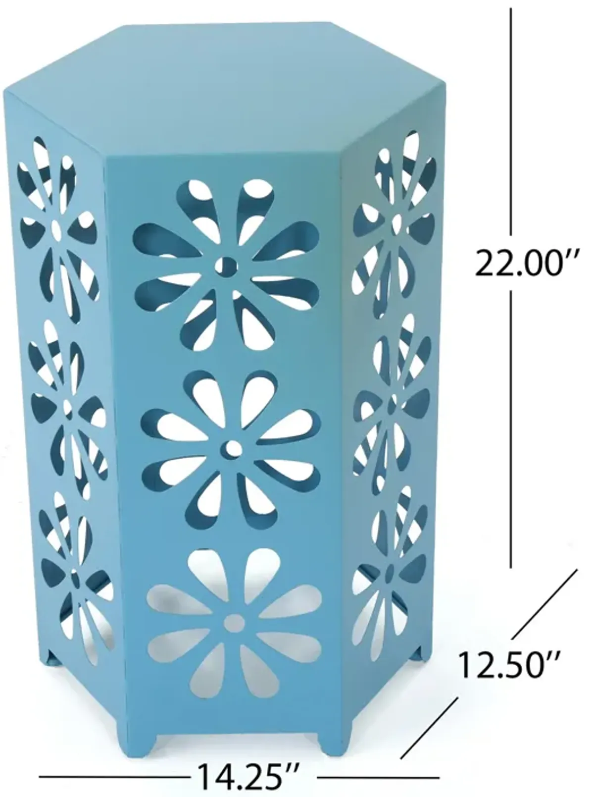 Cyril Outdoor Side Table, Flower Cut Out, Hexagonal 14 Inch, Blue Iron - Benzara