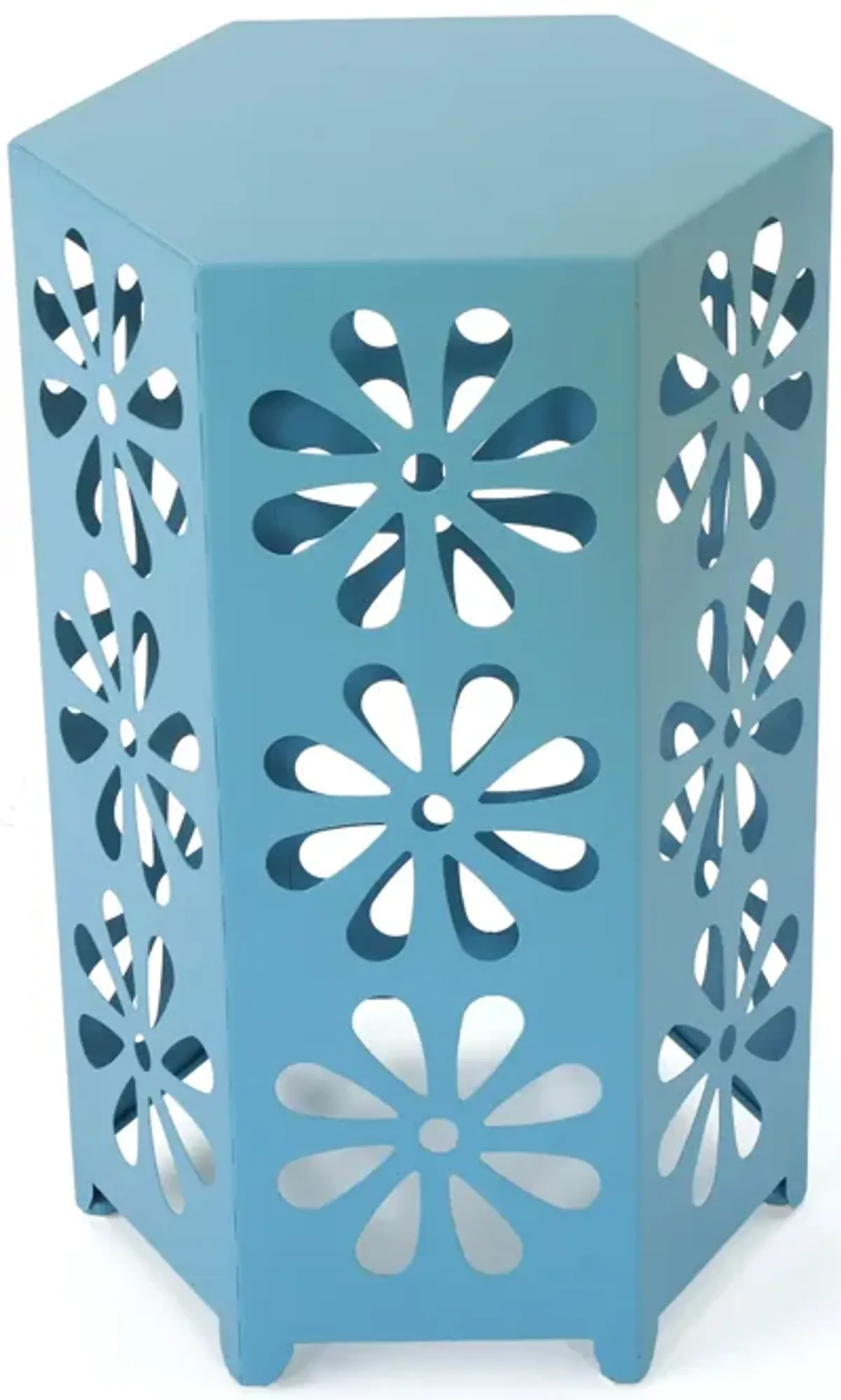 Cyril Outdoor Side Table, Flower Cut Out, Hexagonal 14 Inch, Blue Iron - Benzara