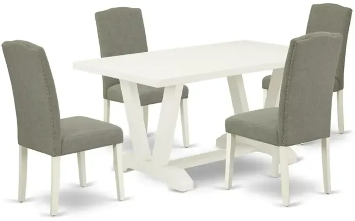 East West Furniture 5-Pc Dining Set Included 4 Dining chairs Upholstered Nails Head Seat and Stylish Chair Back and Rectangular Dining room Table with Linen White Kitchen Dining Table Top - Linen Whit