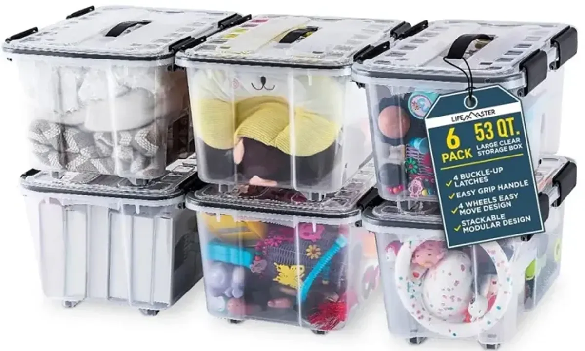 Stackable Storage Box Set - 6 Pieces 53 Quarts Multi-purpose, Space-Efficient Stackable Storage Boxes with Nestable Design, Secure Latches, Easy-Move Wheels & Pull-Out Base - Clear