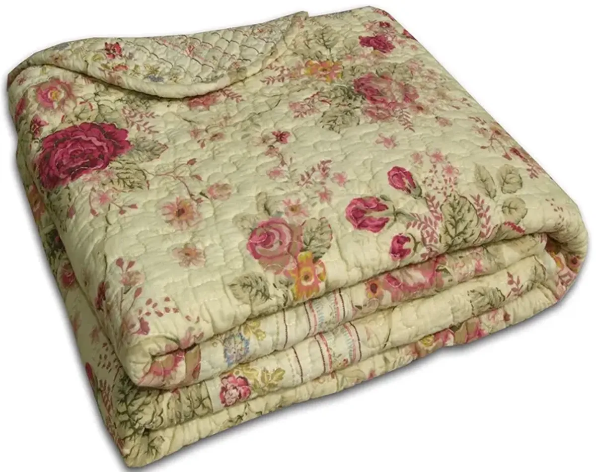 Hivvago Red Pink Gold Ecru Floral Roses Quilt Throw Blanket in 100% Cotton