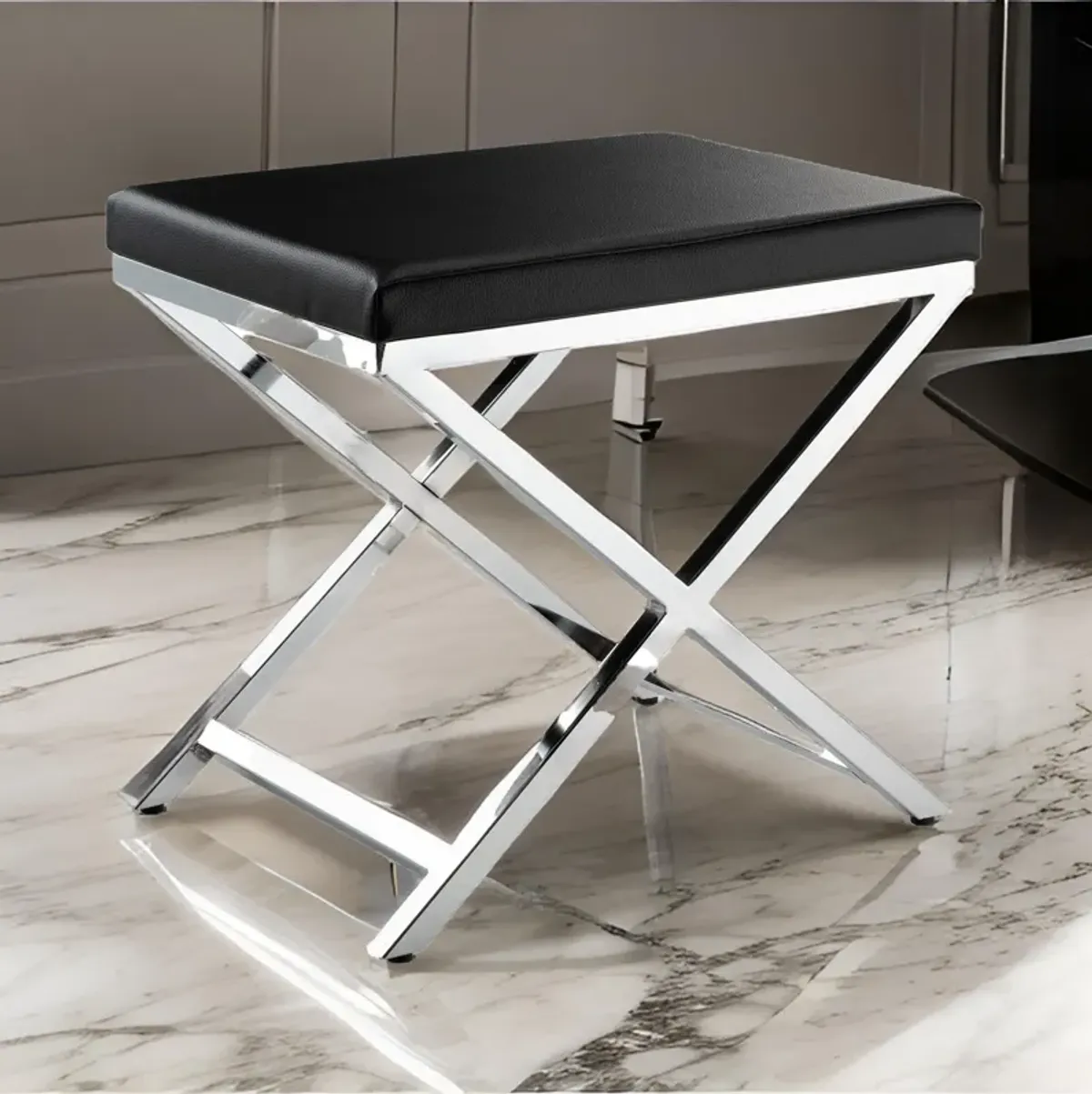 Myra 21 Inch Accent Stool, Black Faux Leather, Chrome Finished Cross Legs - Benzara