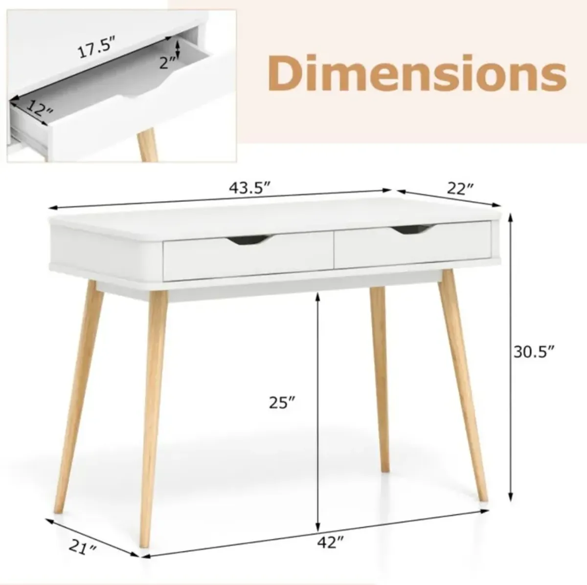 43.5 Inch Computer Desk with 2 Drawers for Small Spaces-White