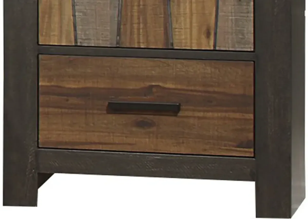 Plank Style 2 Drawer Wooden Nightstand with Metal Bar Handles, Brown - Benzara