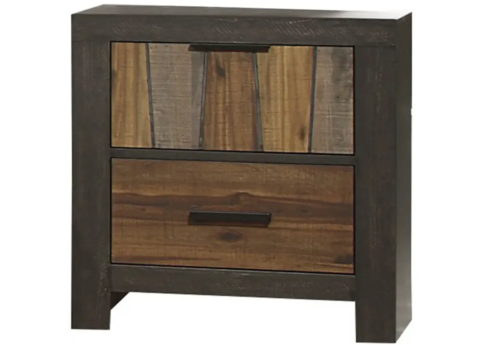 Plank Style 2 Drawer Wooden Nightstand with Metal Bar Handles, Brown - Benzara