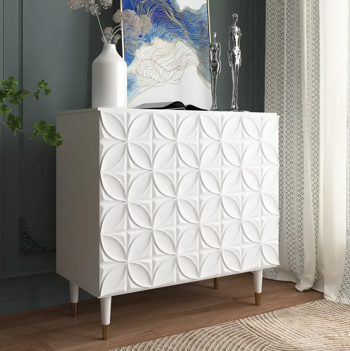 MONDAWE Freestanding 2 Door Locker Accent Cabinet, Disk Floral Pattern Storage Stylish Cabinet