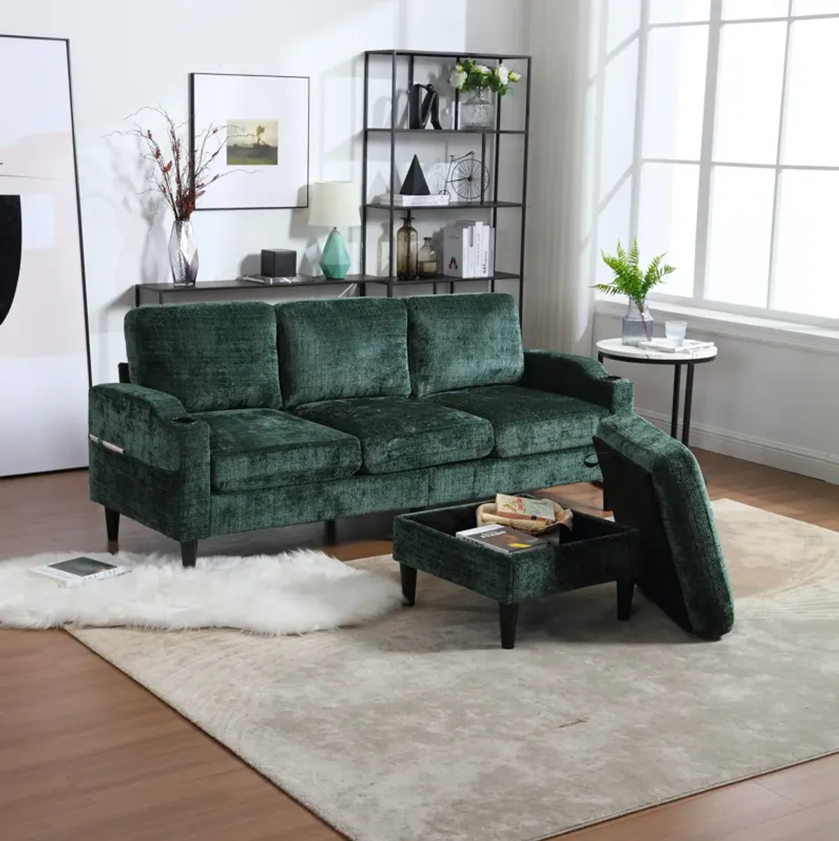 Sofa for three, solid wood frame, Chenille fabric, side pocket, with two cup holders, footstool with storagestorage sofa /Living room sofa cozy sectional sofa