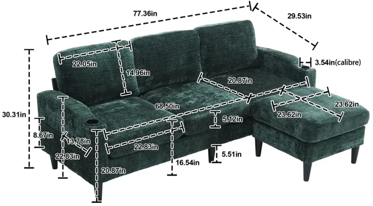 2025 New! Sofa for three, solid wood frame, Chenille fabric, side pocket, with two cup holders, footstool with storagestorage sofa /Living room sofa cozy sectional sofa