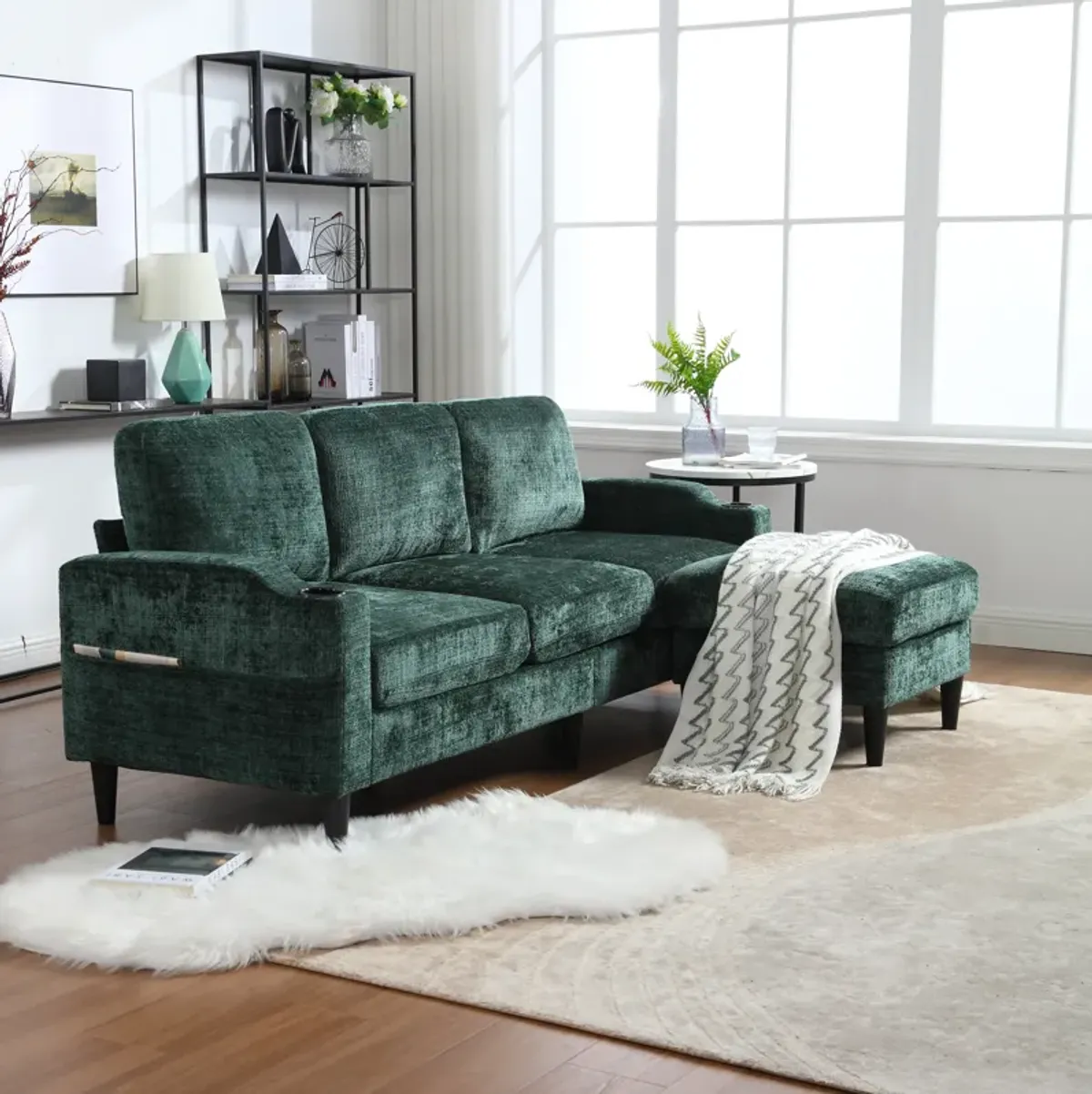 2025 New! Sofa for three, solid wood frame, Chenille fabric, side pocket, with two cup holders, footstool with storagestorage sofa /Living room sofa cozy sectional sofa