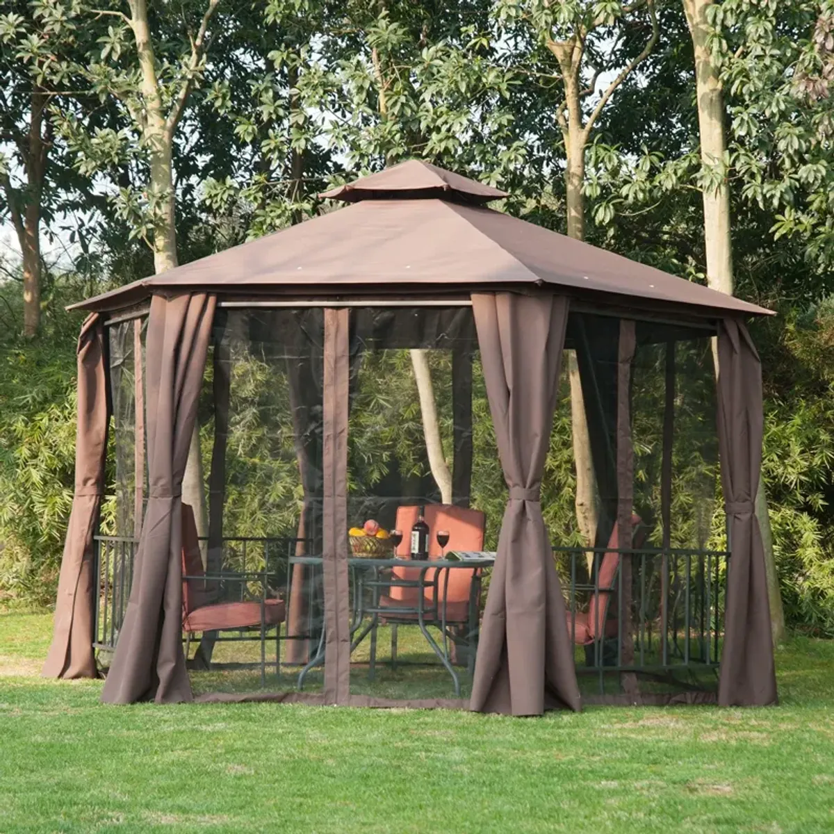 Coffee Outdoor Pavilion: 13'x13' Canopy with Curtains and Vented Roof