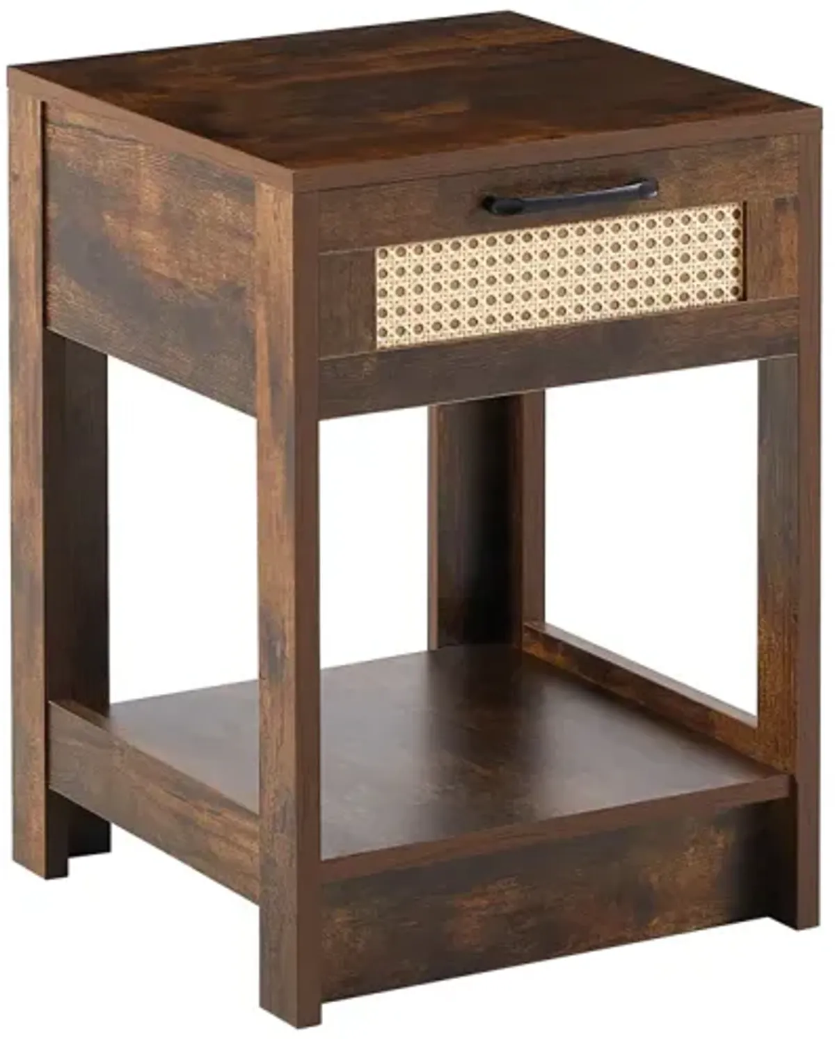 Rattan End Table with Drawer, Modern Nightstand, Side Table for Living Room, Bedroom, Rustic Brown