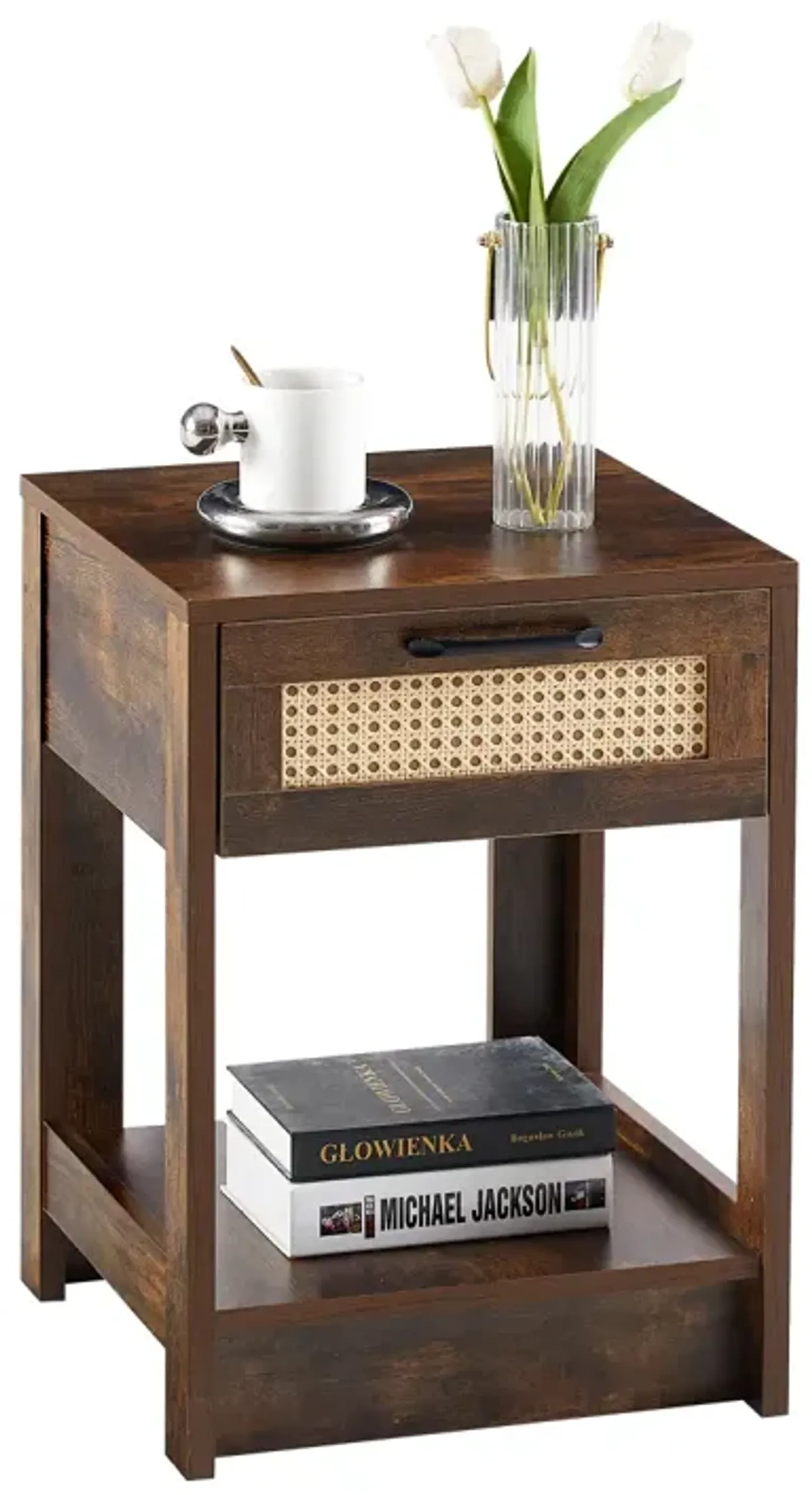 Rattan End Table with Drawer, Modern Nightstand, Side Table for Living Room, Bedroom, Rustic Brown