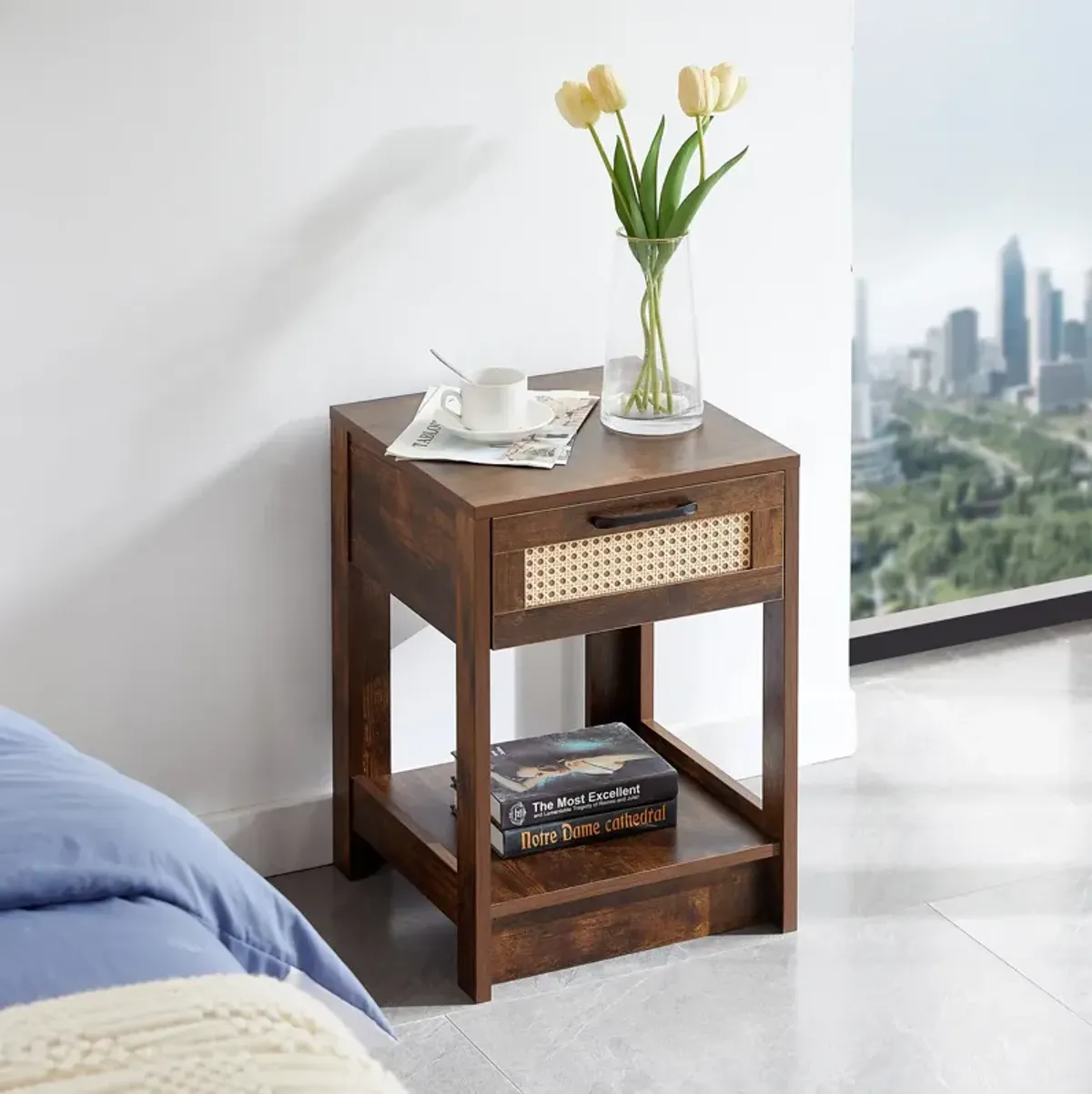 Rattan End Table with Drawer, Modern Nightstand, Side Table for Living Room, Bedroom, Rustic Brown