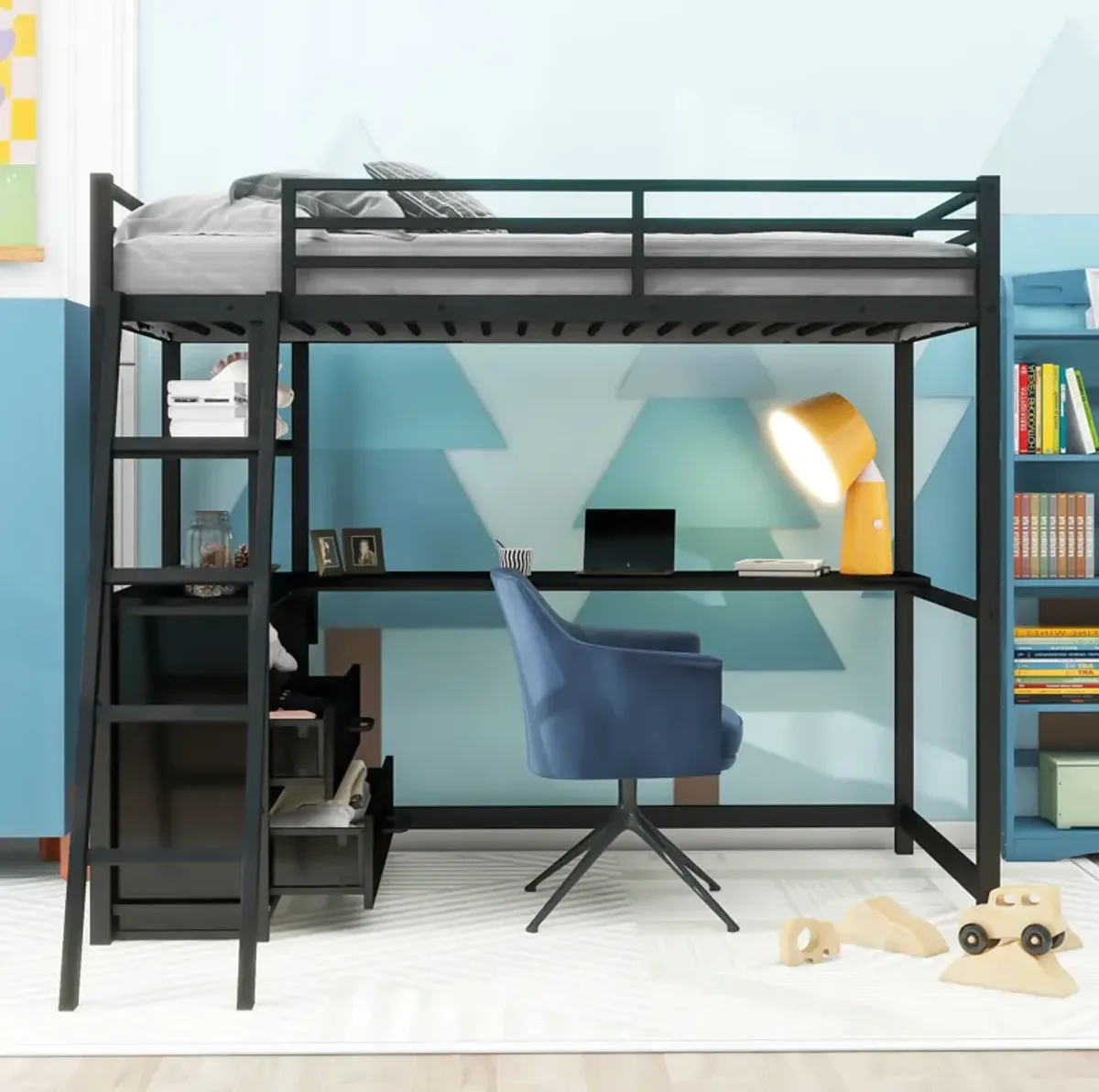 Merax Metal&Wood Loft Bed with Desk and Shelves