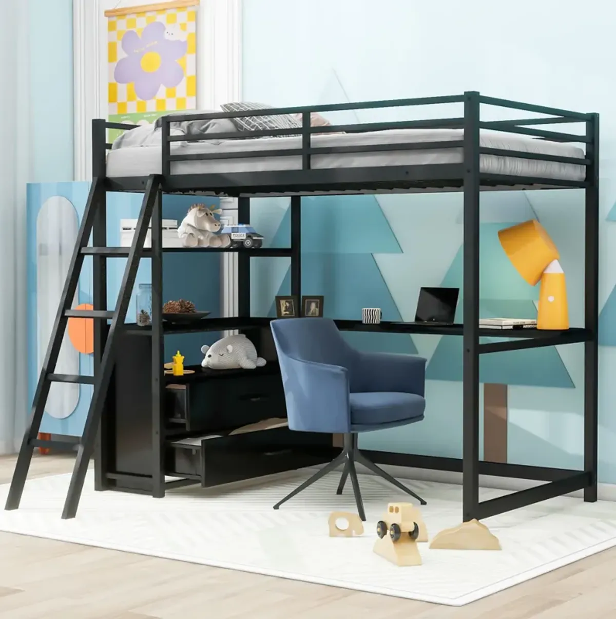 Merax Metal&Wood Loft Bed with Desk and Shelves