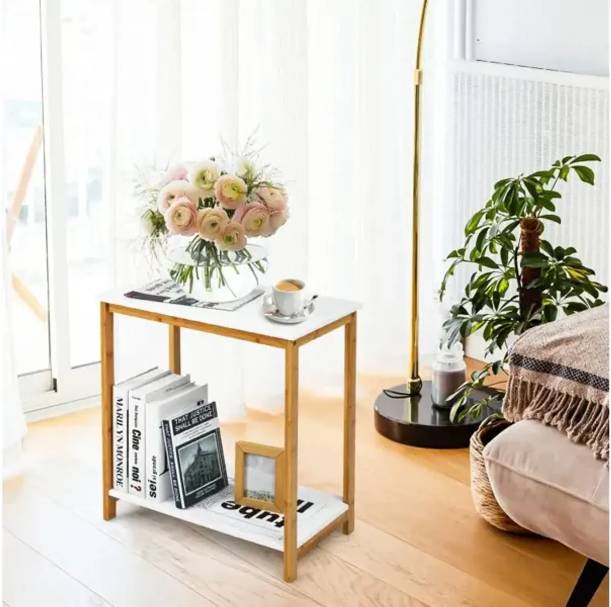 23 Inch Height 2-tier End Table with Bamboo Frame and Bottom Shelf-White