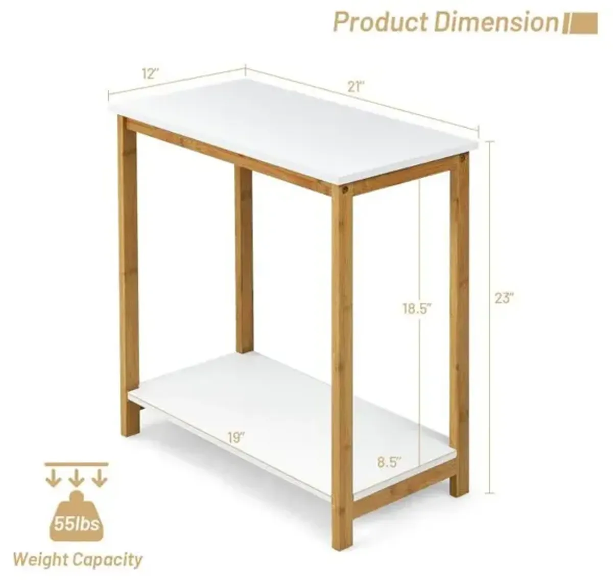 23 Inch Height 2-tier End Table with Bamboo Frame and Bottom Shelf-White