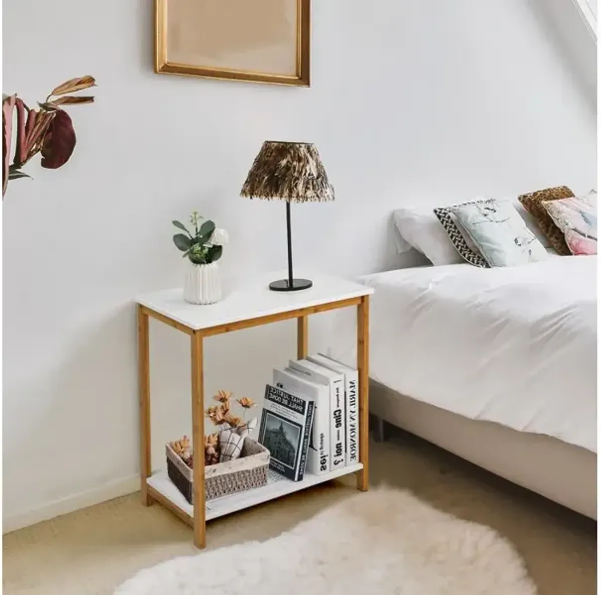 23 Inch Height 2-tier End Table with Bamboo Frame and Bottom Shelf-White