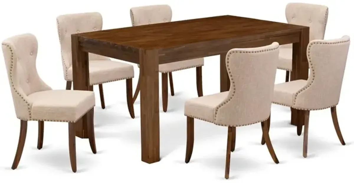 East West Furniture CNSI7-N8-04 7-Pc Dining Room Table Set- 6 Padded Parson Chairs with Light Tan Linen Fabric Seat and Button Tufted Chair Back - Rectangular Table Top & Wooden 4 legs - Antique Walnu
