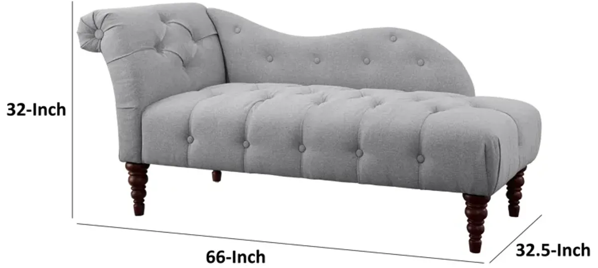 Selena 66 Inch Chaise Lounger, Tufted Gray Polyester, Brown Solid Wood - Benzara