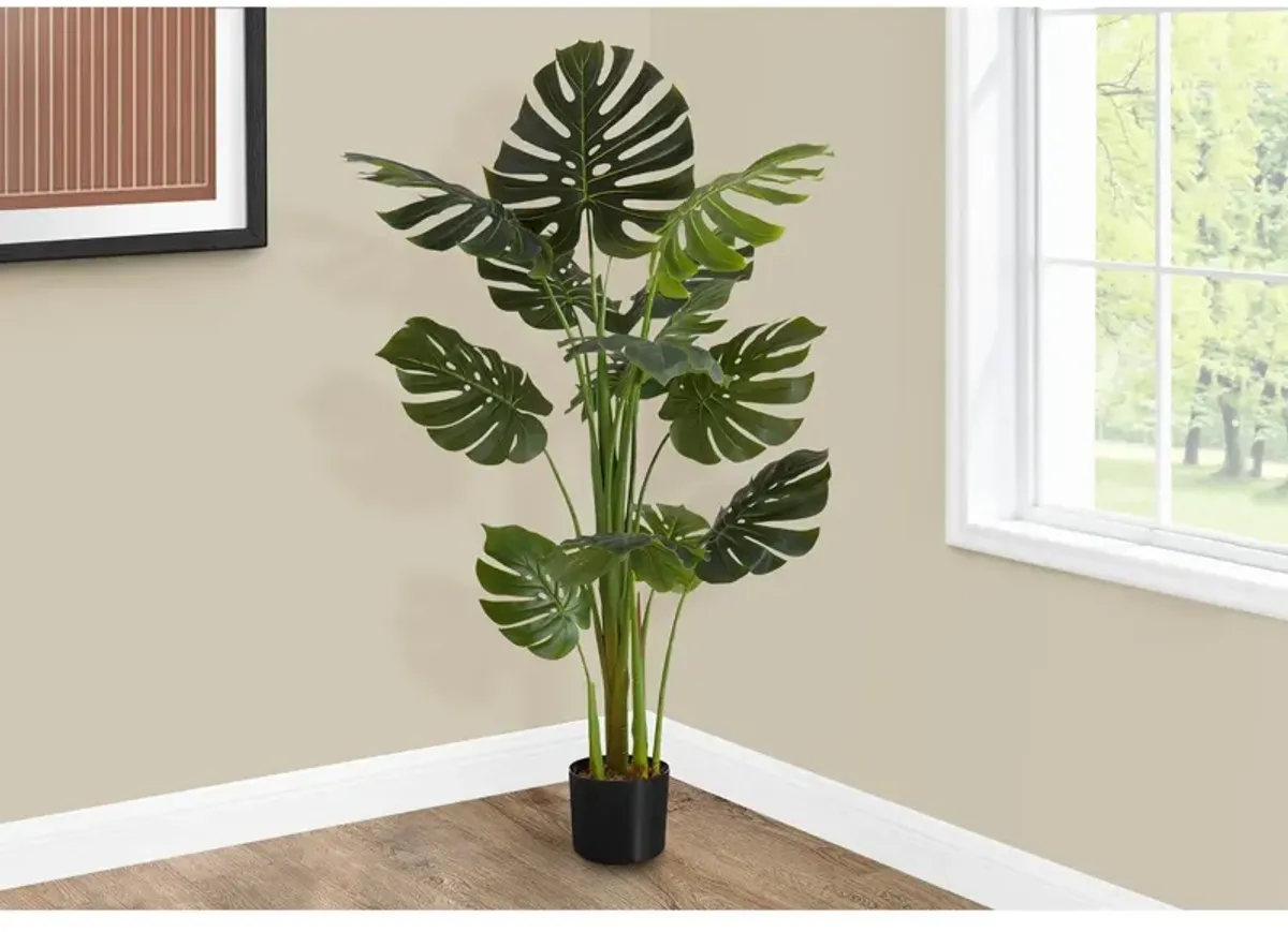 Monarch Specialties I 9548 - Artificial Plant, 55" Tall, Monstera Tree, Indoor, Faux, Fake, Floor, Greenery, Potted, Real Touch, Decorative, Green Leaves, Black Pot