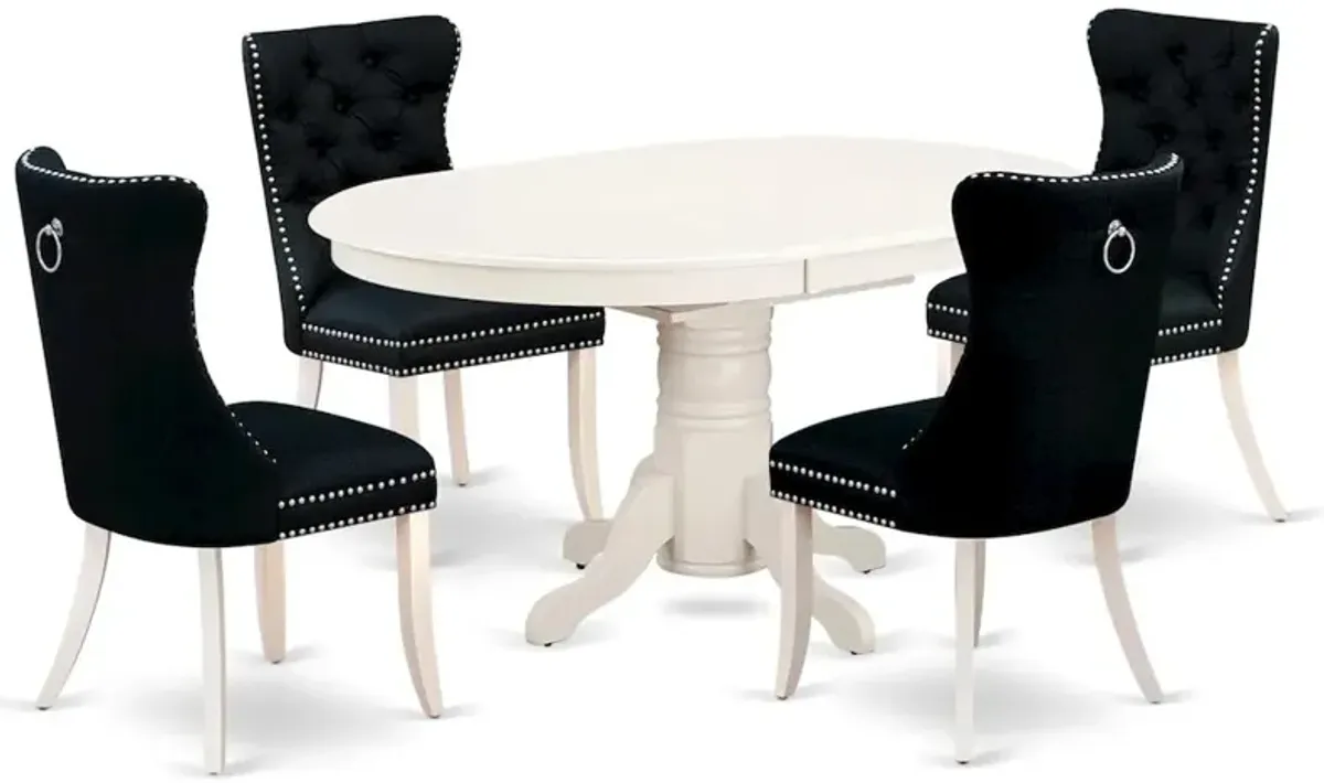 East West Furniture Avon 5 Piece Kitchen Set Consists of an Oval Dining Table with Butterfly Leaf and 4 Upholstered Chairs, 42x60 Inch, Linen White