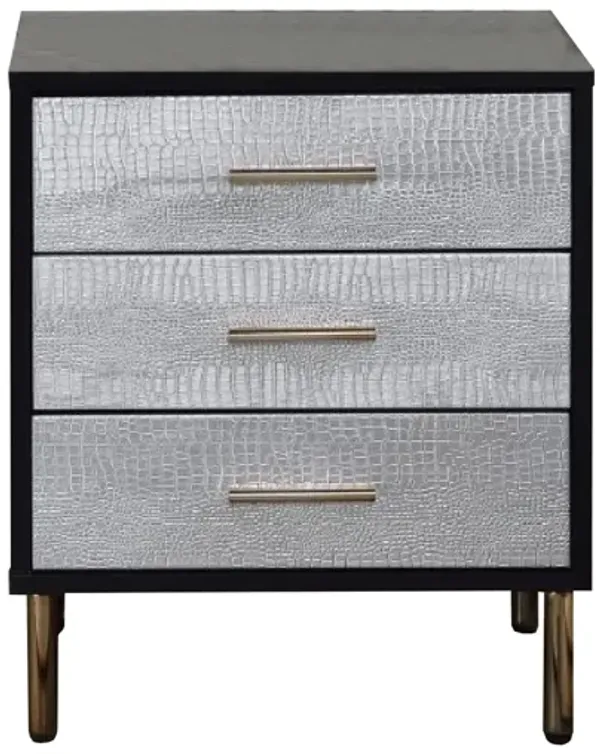 San 19 Inch Glamorous Style Nightstand, 3 Drawers, Black, Silver, Gold - Benzara