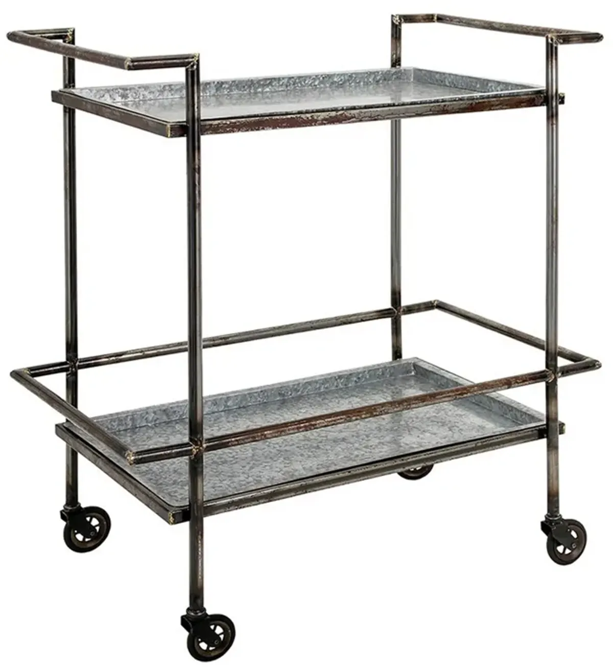 35 Inch 2 Tier Bar Cart, Industrial Style, Caster Wheels, Rustic Bronze - Benzara