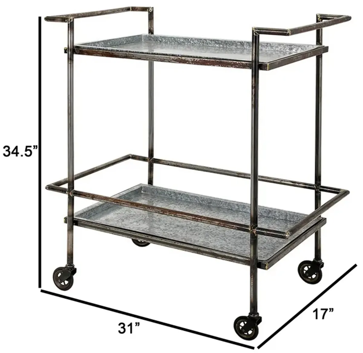 35 Inch 2 Tier Bar Cart, Industrial Style, Caster Wheels, Rustic Bronze - Benzara