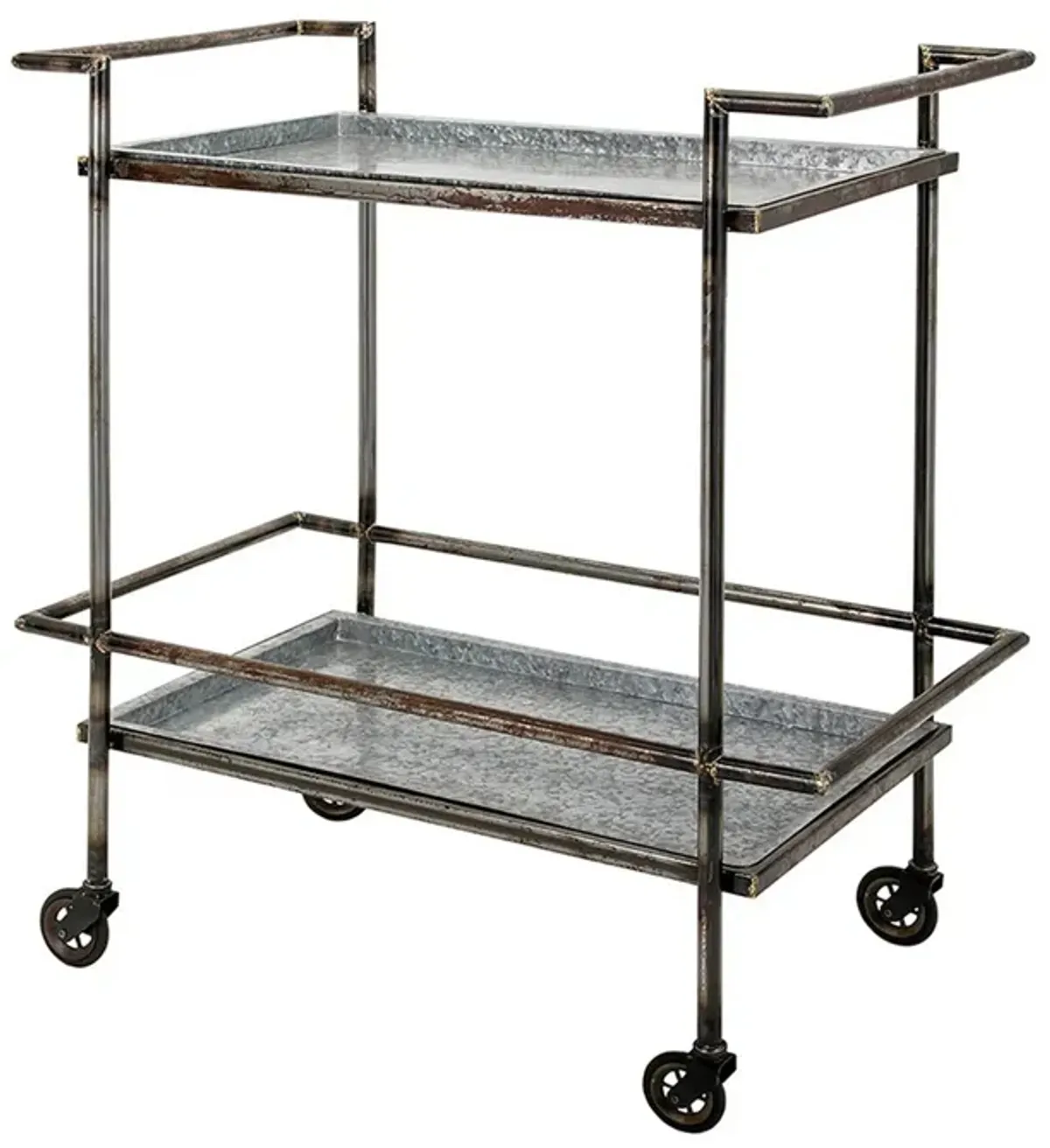 35 Inch 2 Tier Bar Cart, Industrial Style, Caster Wheels, Rustic Bronze - Benzara