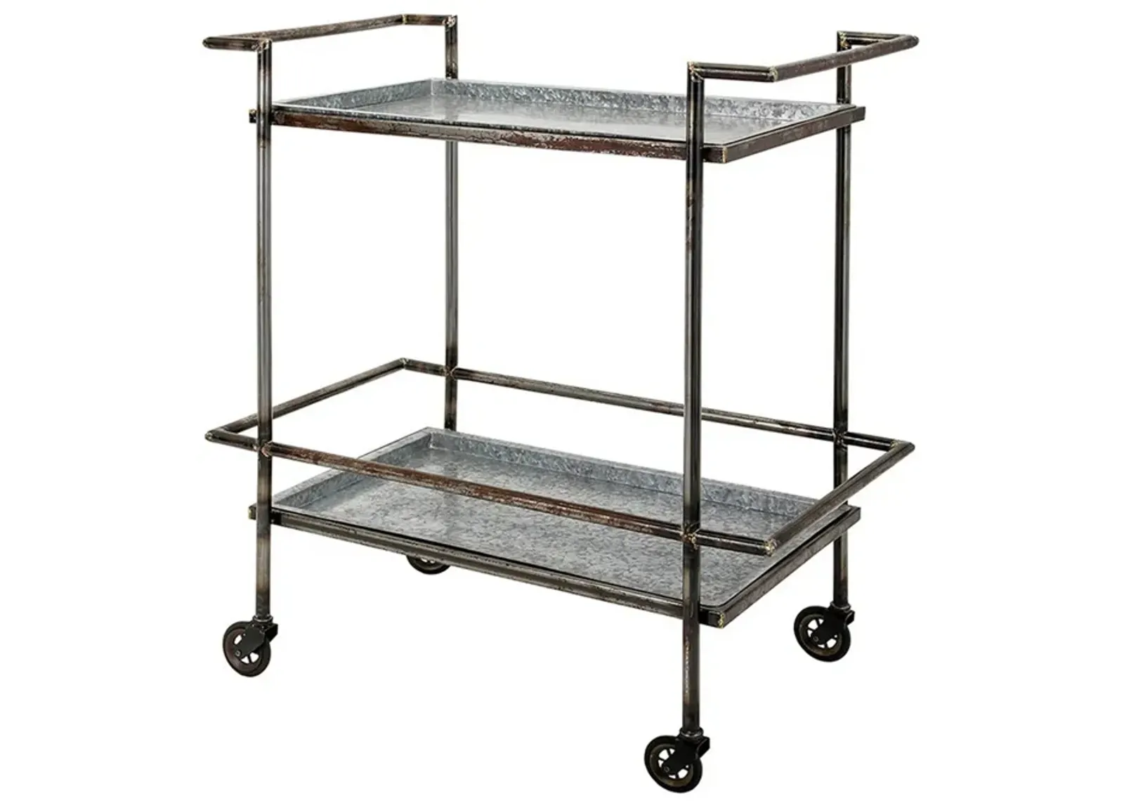 35 Inch 2 Tier Bar Cart, Industrial Style, Caster Wheels, Rustic Bronze - Benzara