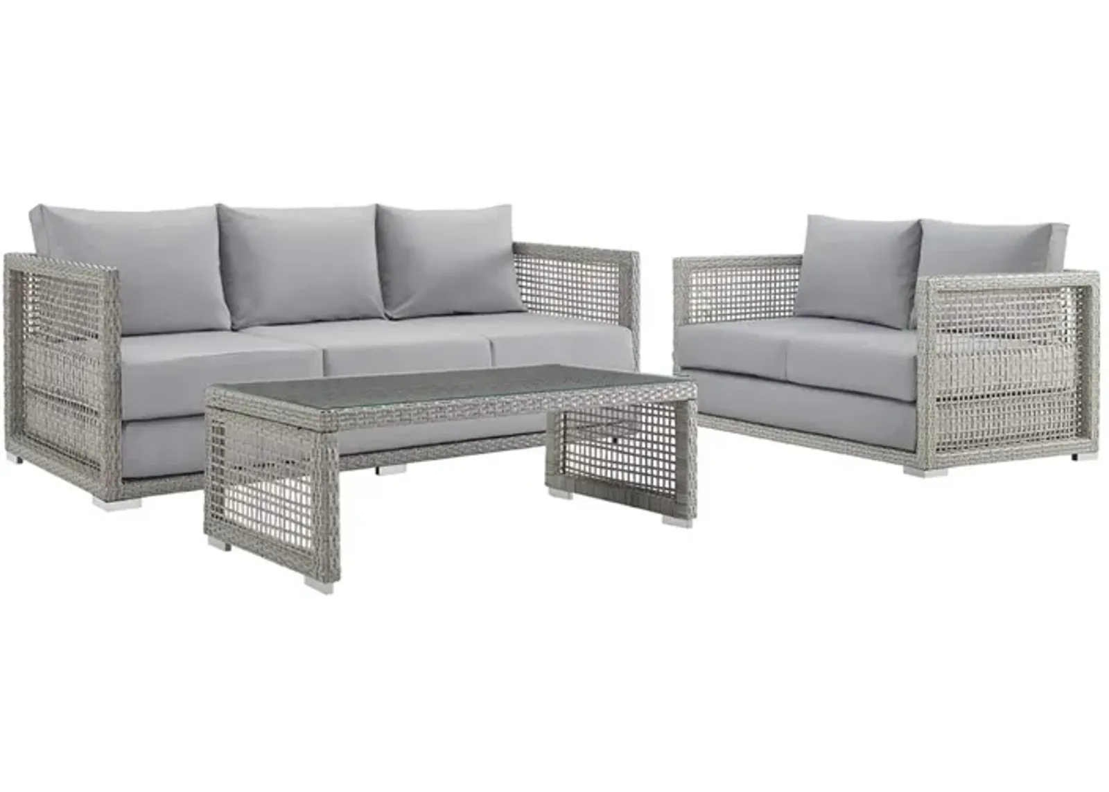 Aura Outdoor Patio Collection - Stylish & Functional Gray Wicker Rattan Set with Aluminum Frame. Includes Coffee Table, Loveseat, and Sofa.