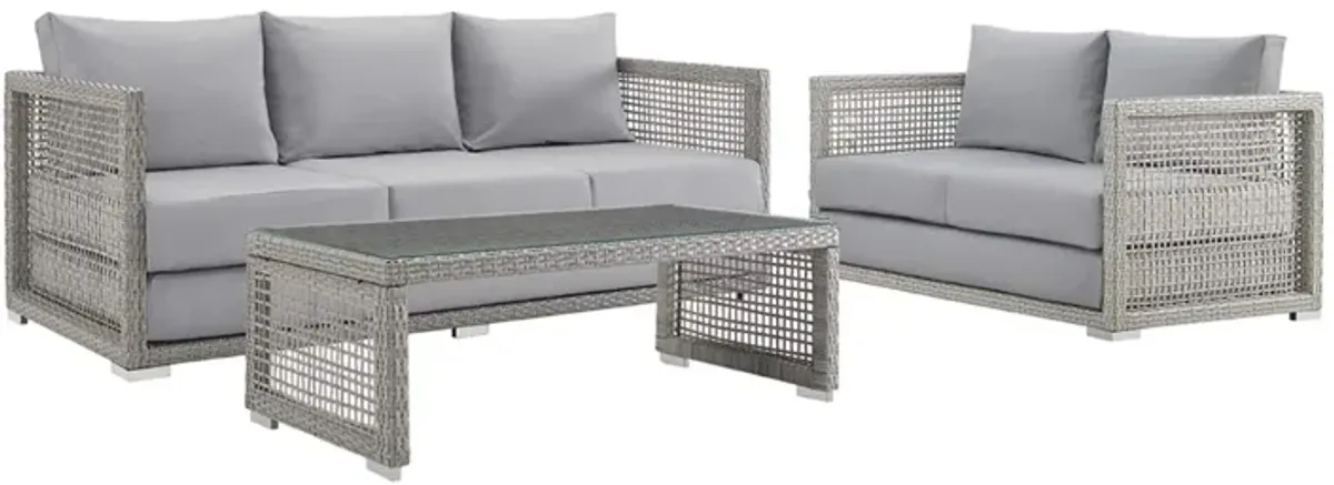 Aura Outdoor Patio Collection - Stylish & Functional Gray Wicker Rattan Set with Aluminum Frame. Includes Coffee Table, Loveseat, and Sofa.