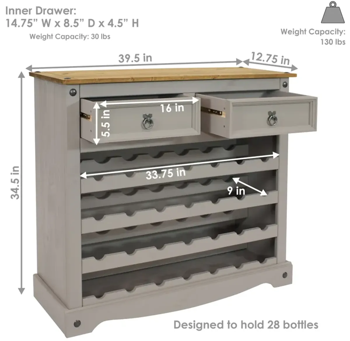 Sunnydaze 28-Bottle Solid Pine Freestanding Wine Rack - Gray - 34.5"