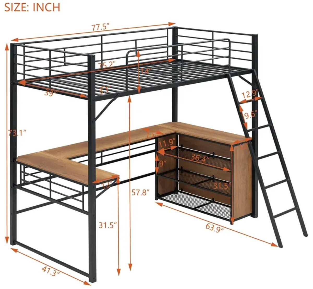 Twin Size Metal Loft Bed With 3 Layers Of Shelves And L-Shaped Desk