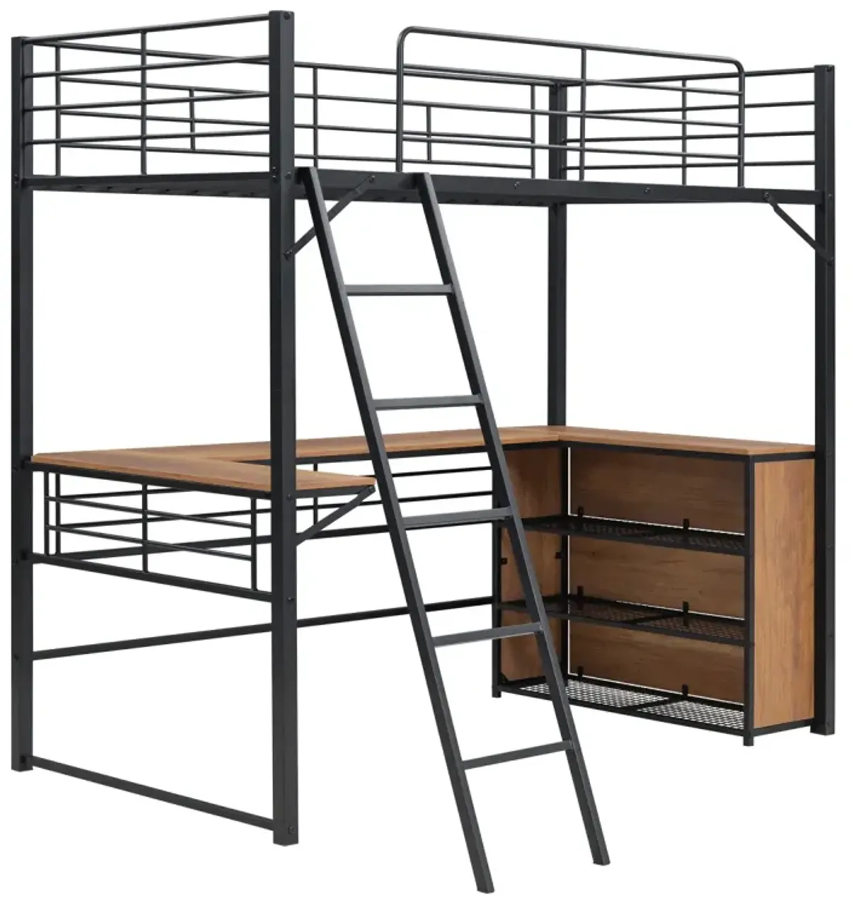 Twin Size Metal Loft Bed With 3 Layers Of Shelves And L-Shaped Desk