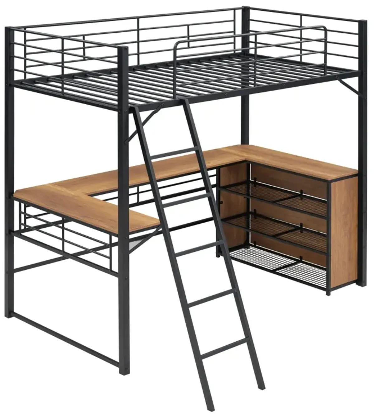 Twin Size Metal Loft Bed With 3 Layers Of Shelves And L-Shaped Desk