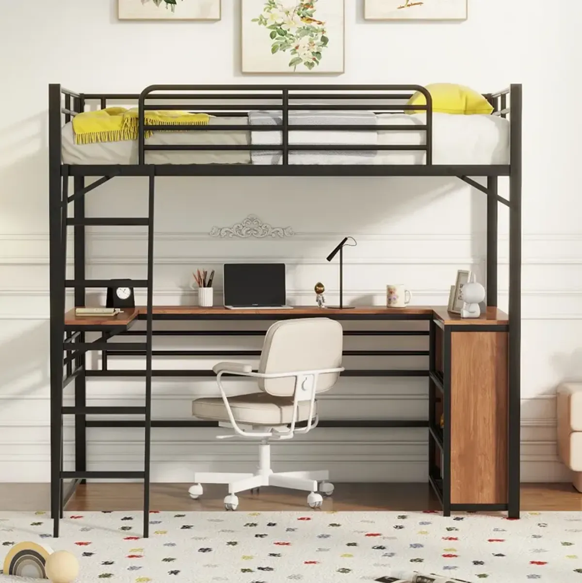 Twin Size Metal Loft Bed With 3 Layers Of Shelves And L-Shaped Desk