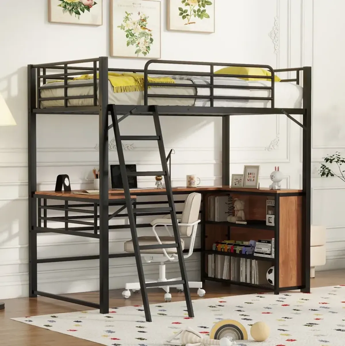 Twin Size Metal Loft Bed With 3 Layers Of Shelves And L-Shaped Desk