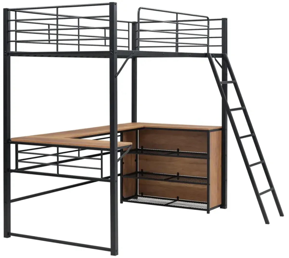 Twin Size Metal Loft Bed With 3 Layers Of Shelves And L-Shaped Desk