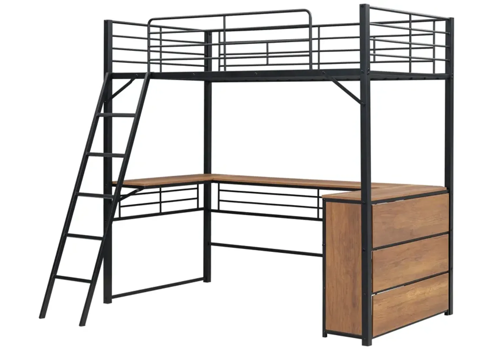 Twin Size Metal Loft Bed With 3 Layers Of Shelves And L-Shaped Desk