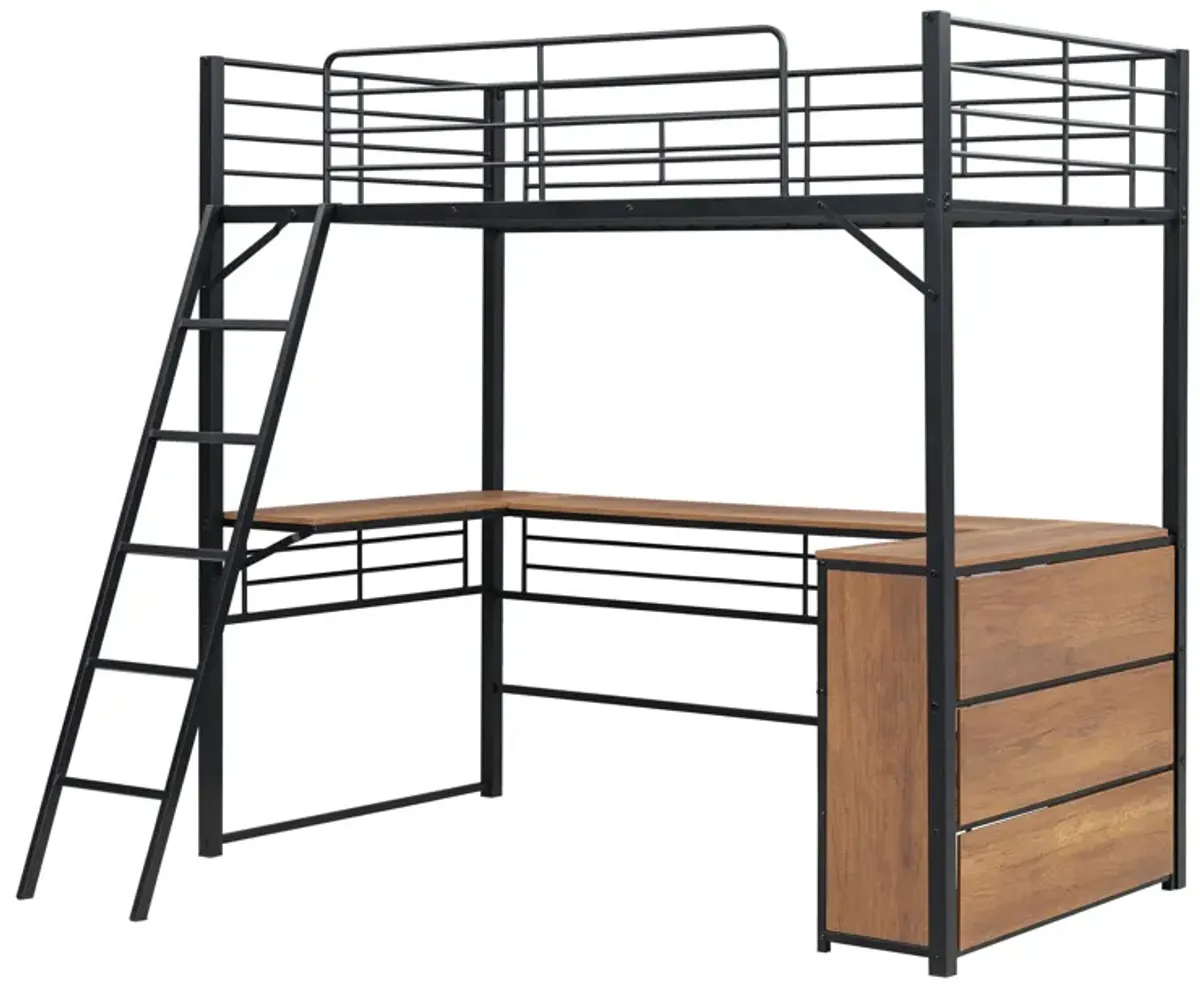 Twin Size Metal Loft Bed With 3 Layers Of Shelves And L-Shaped Desk