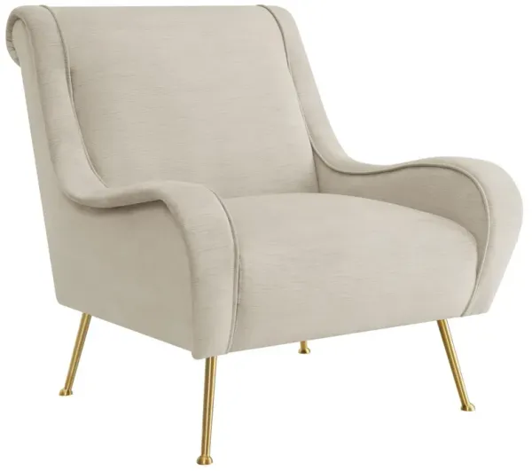Rik 31 Inch Accent Armchair, Metal Legs, Velvet, Stone Beige and Gold - Benzara