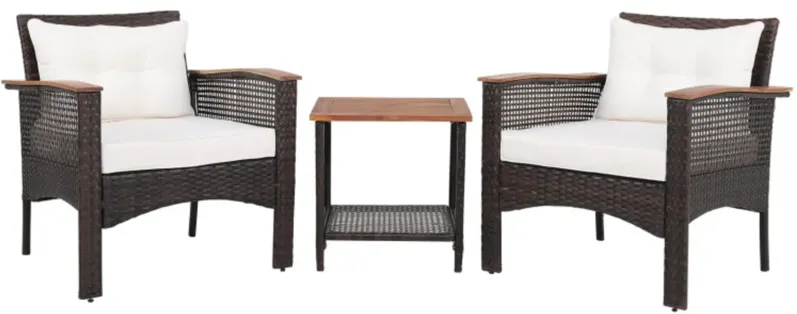 3 Pieces Patio Rattan Furniture Set with Acacia Wood Tabletop