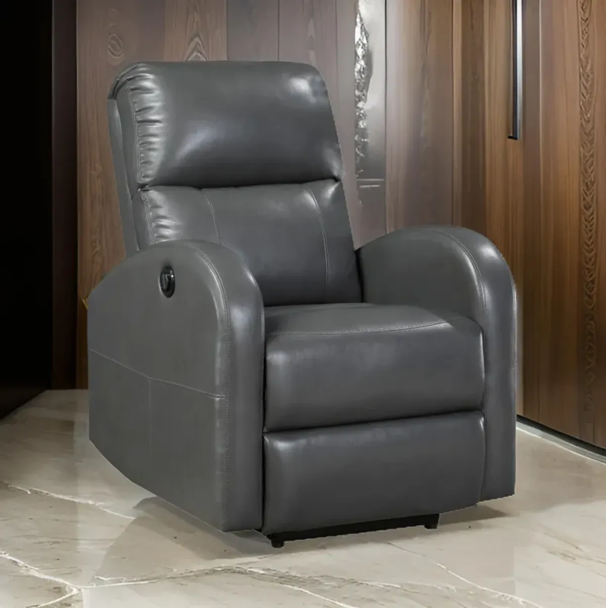 Rica 38 Inch Power Recliner Chair, Plush Gray Faux Leather, Foam Cushions - Benzara