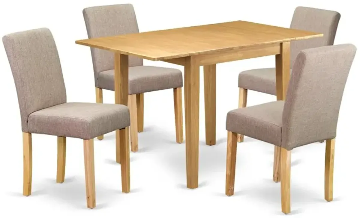1NDAB5-OAK-04 Dinette Set 5 Pc - Four Dining Room Chairs and a Wooden Table - Oak Finish Hardwood - Light Fawn Color Linen Fabric
