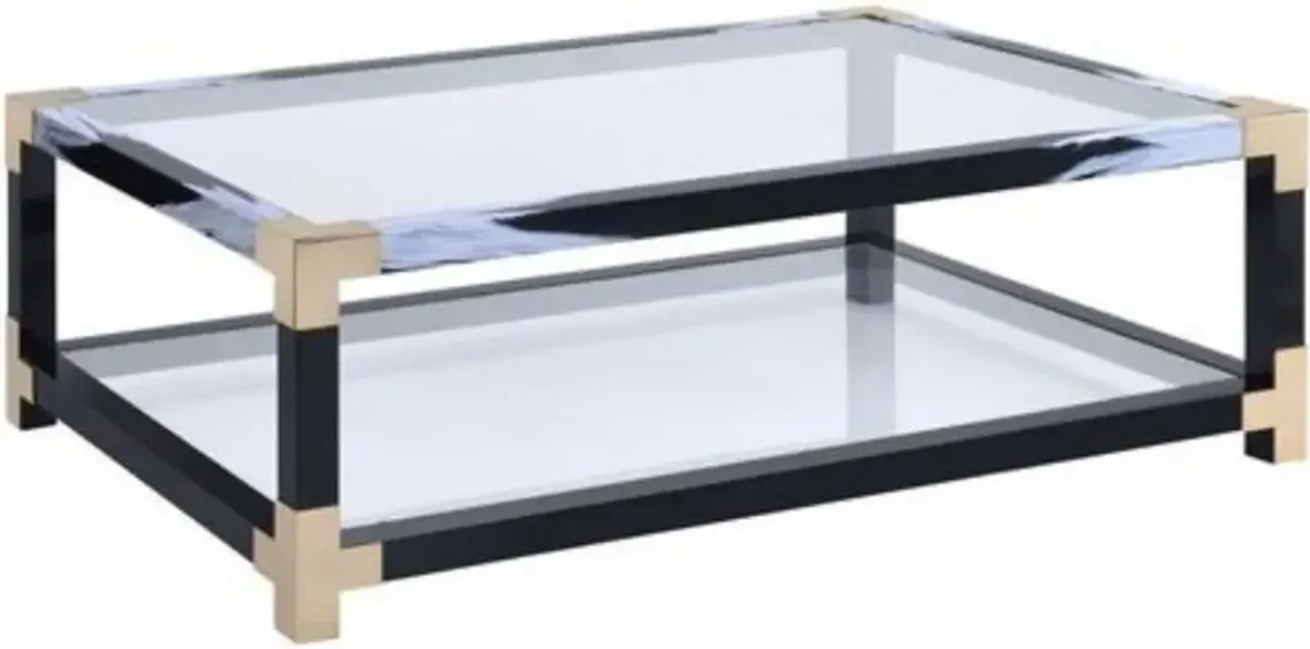 Rectangular Metal Coffee Table with Glass Top and Shelf, Black - Benzara